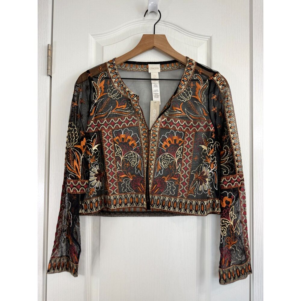 Chico's Embroidered Bolero Long Sleeve Top Black Multicolor Women's S / 4 (0)